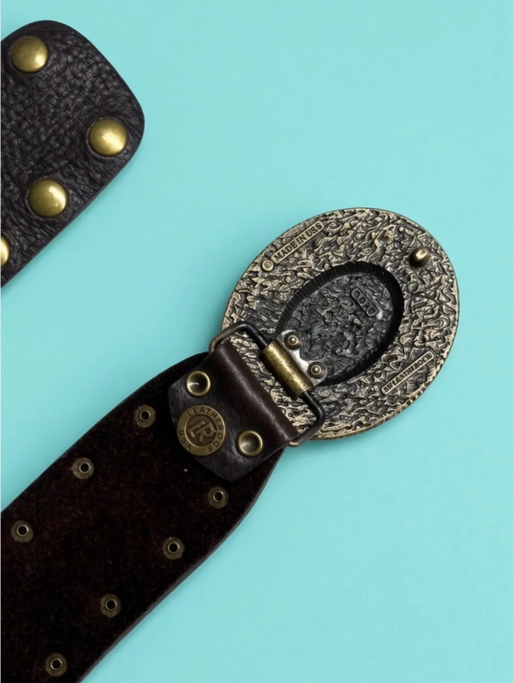 Vintage Leatherock Brown Leather Western Belt brass suds turquoise buckle